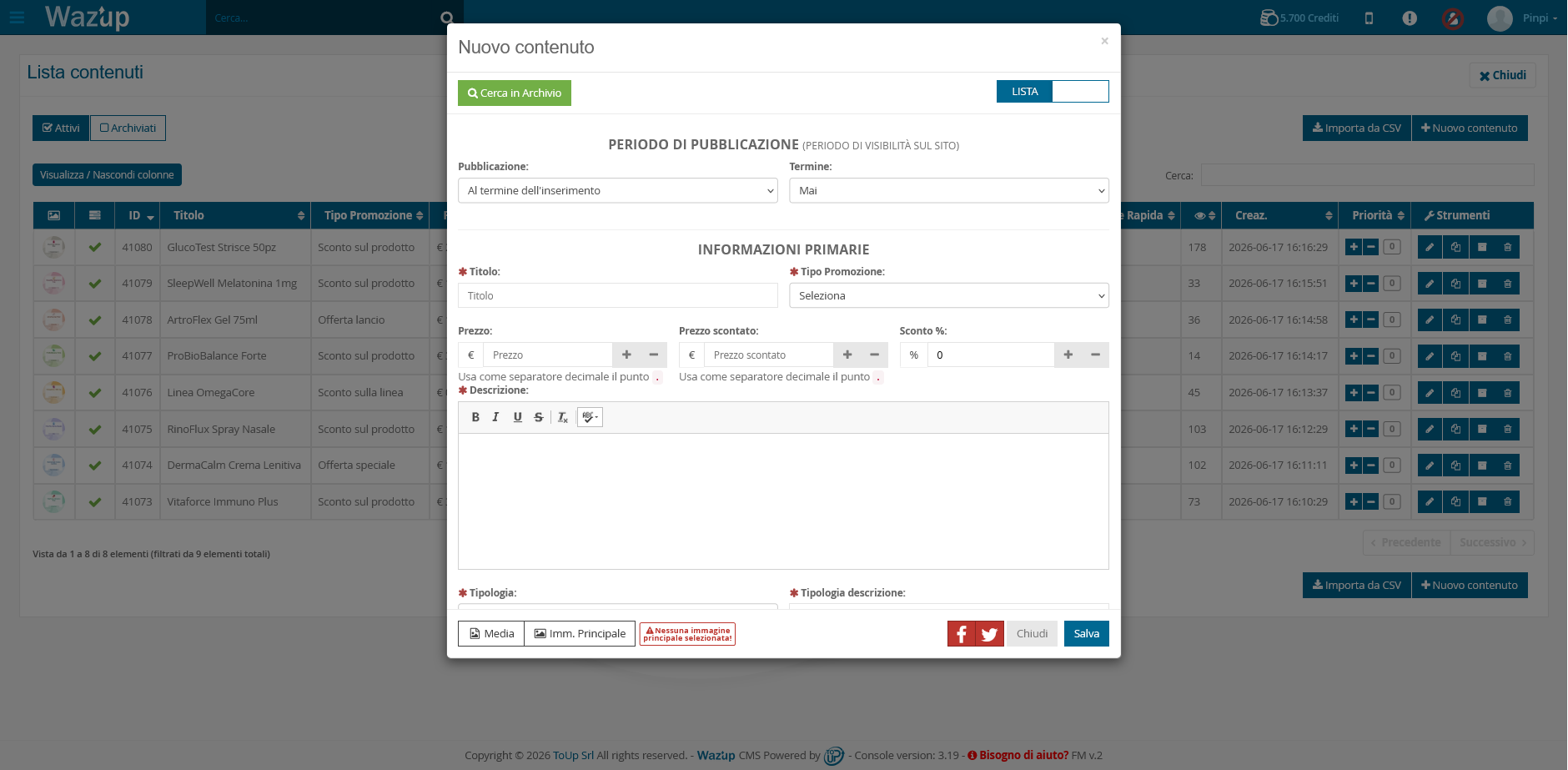 Backend web: pannello con chat, prenotazioni, eventi, reparti, coupon, vetrina prodotti, servizi e stampe
