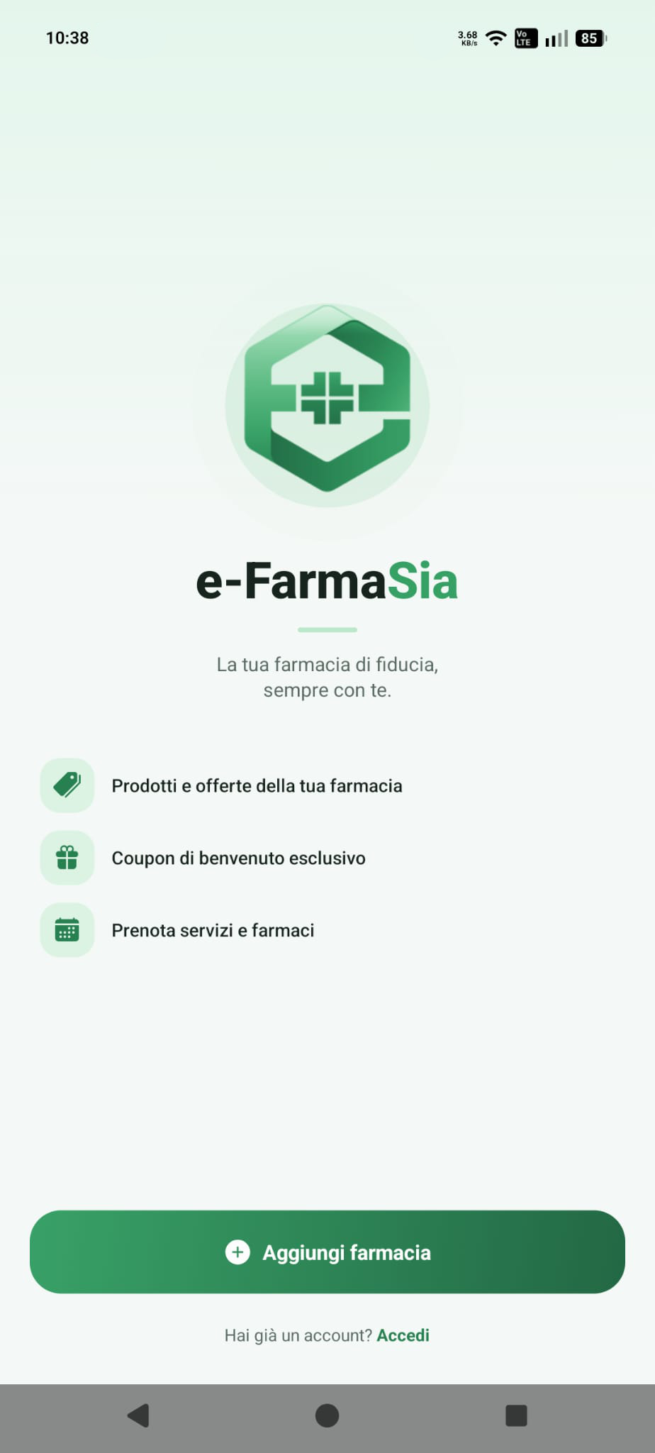 Schermata di benvenuto dell'app e-FarmaSia