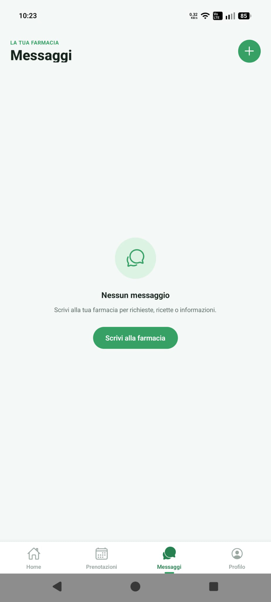 Schermata Messaggi con pulsante scrivi alla farmacia
